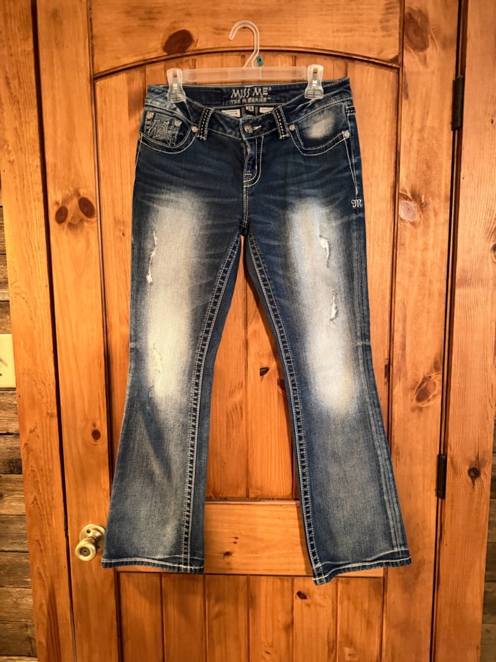 Miss Me Flared Distressed Midwash Jeans - Blue